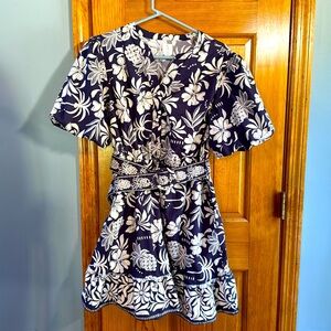 Joie Navy blue floral pineapple print shirt belt dress size 12